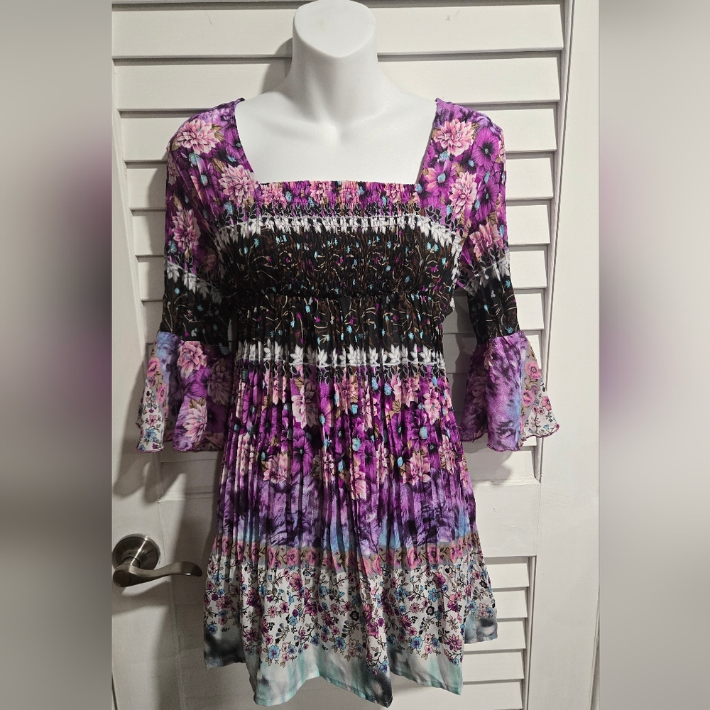 Vibrant Purple Floral Smocked Women's Blouse